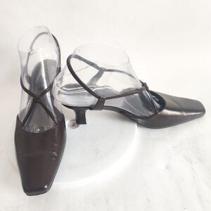 90s Y2K Life Stride Heels 8 Narrow‎ Brown Pointy Square Toe Slingback Leather